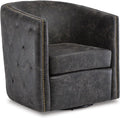 Signature Design by Ashley Swivel Black Faux Leather Accent Chair | Elegant tufted faux leather with brass nailheads, Hidden metal swivel base for effortless conversation, Brentlow Series