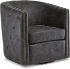 Signature Design by Ashley Swivel Black Faux Leather Accent Chair | Elegant tufted faux leather with brass nailheads, Hidden metal swivel base for effortless conversation, Brentlow Series