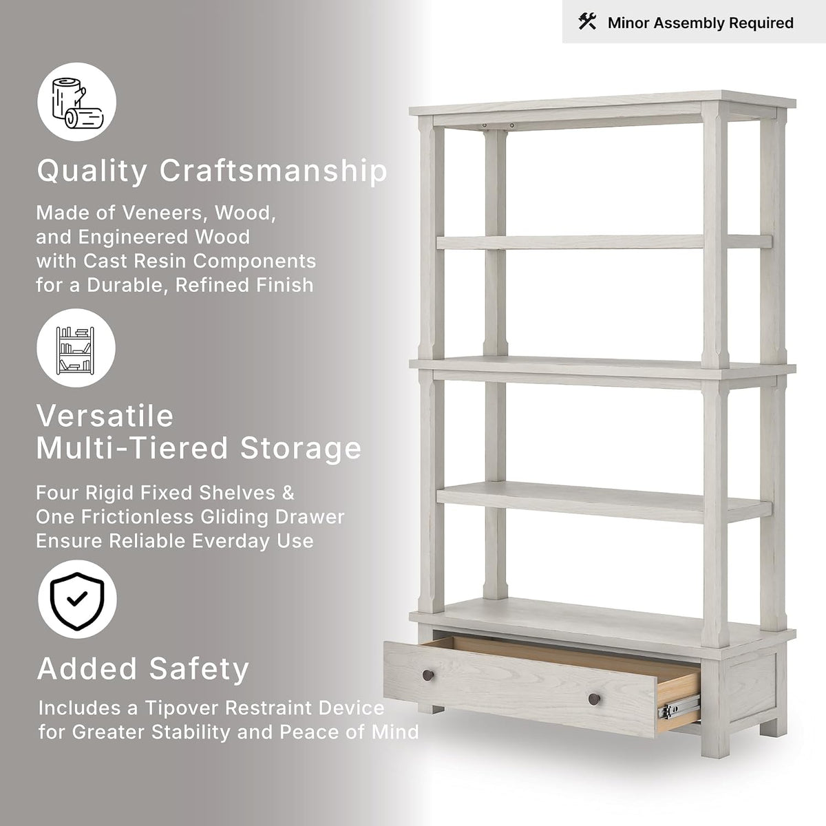 Signature Design by Ashley Robbinsdale 75" Farmhouse Bookcase with Drawer | Hardwood solids and oak veneer, 75 inch tall bookshelf with drawer, Antique white finish, 14 to 17 inch deep fixed shelves