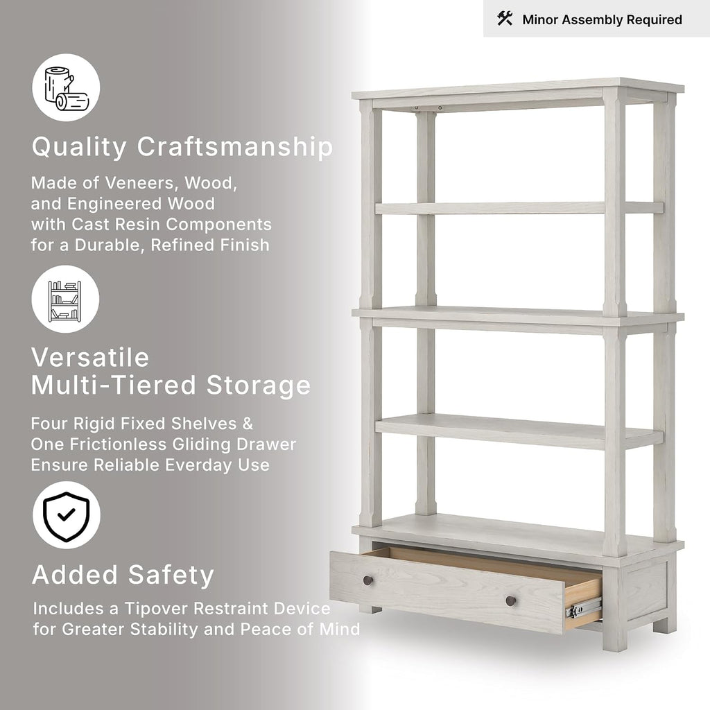 Signature Design by Ashley Robbinsdale 75" Farmhouse Bookcase with Drawer | Hardwood solids and oak veneer, 75 inch tall bookshelf with drawer, Antique white finish, 14 to 17 inch deep fixed shelves