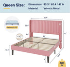 Allewie Queen Size Velvet Bed Frame/Vertical Channel Tufted Wingback Headboard/Upholstered Platform Bed/Strong Wooden Slats/No Box Spring Needed/Easy Assembly/Pink