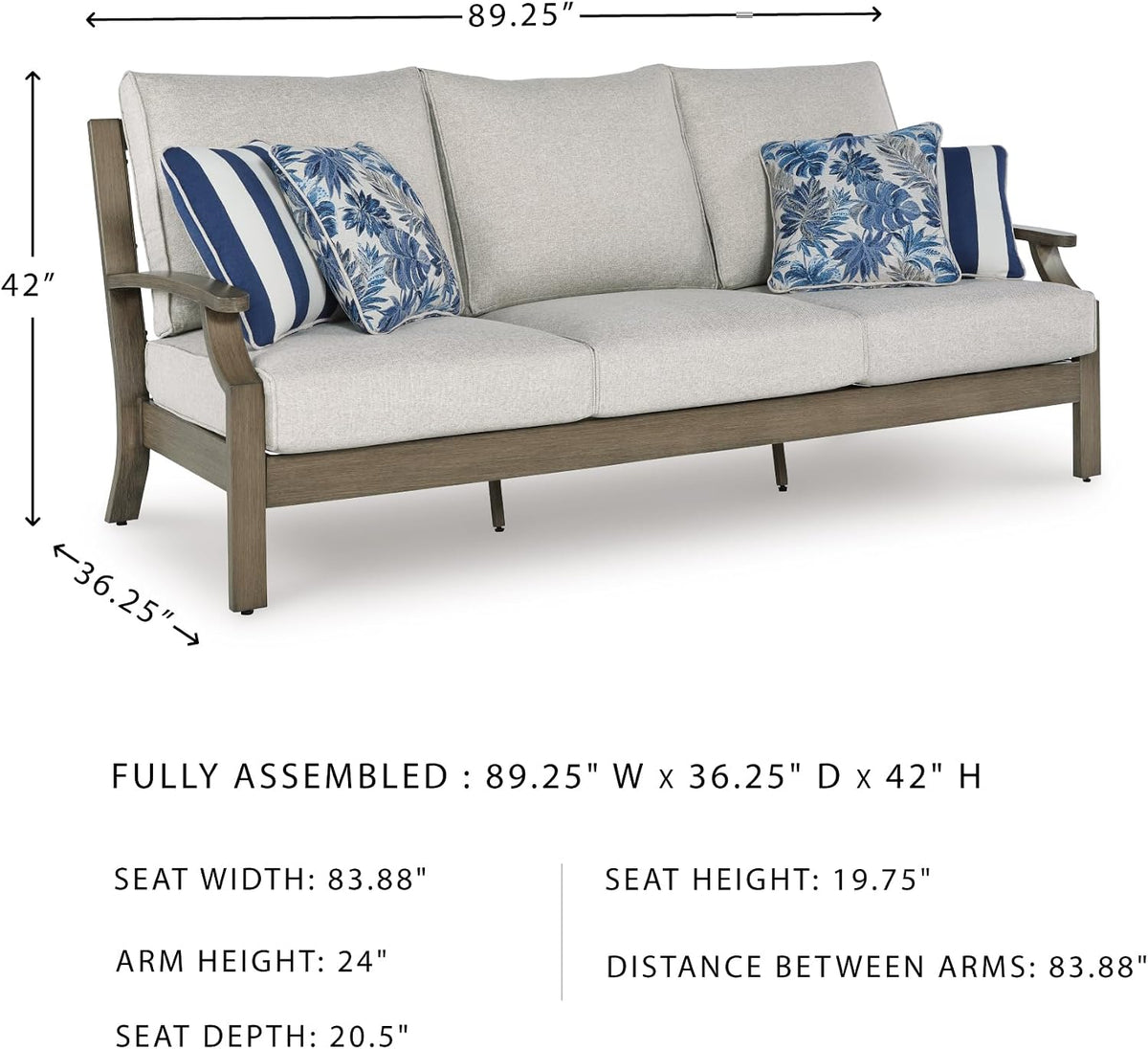 Signature Design by Ashley Rainier Ranch 3-Seat Outdoor Sofa, Beige | Rust-resistant wood-look aluminum frame, UV-resistant Nuvella+ cushions, 3-seat casual contemporary patio sofa