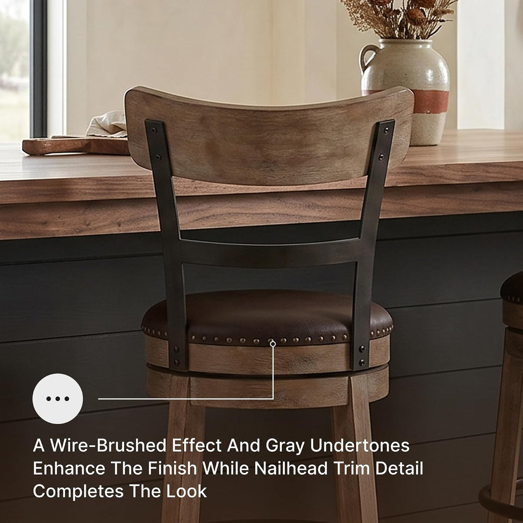 Signature Design by Ashley Pinnadel 30" Swivel Bar Height Barstool, Brown | Faux leather padded seat for easy cleanup, Sturdy wood, engineered wood, and metal frame, Built-in comfort footrest