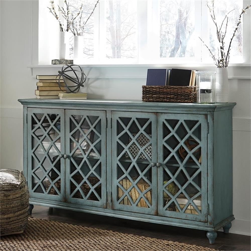 Signature Design by Ashley Mirimyn 4-Door Accent Cabinet, Antique Teal | Veneers, wood and engineered wood construction, Versatile TV stand or dining buffet, Adjustable shelves