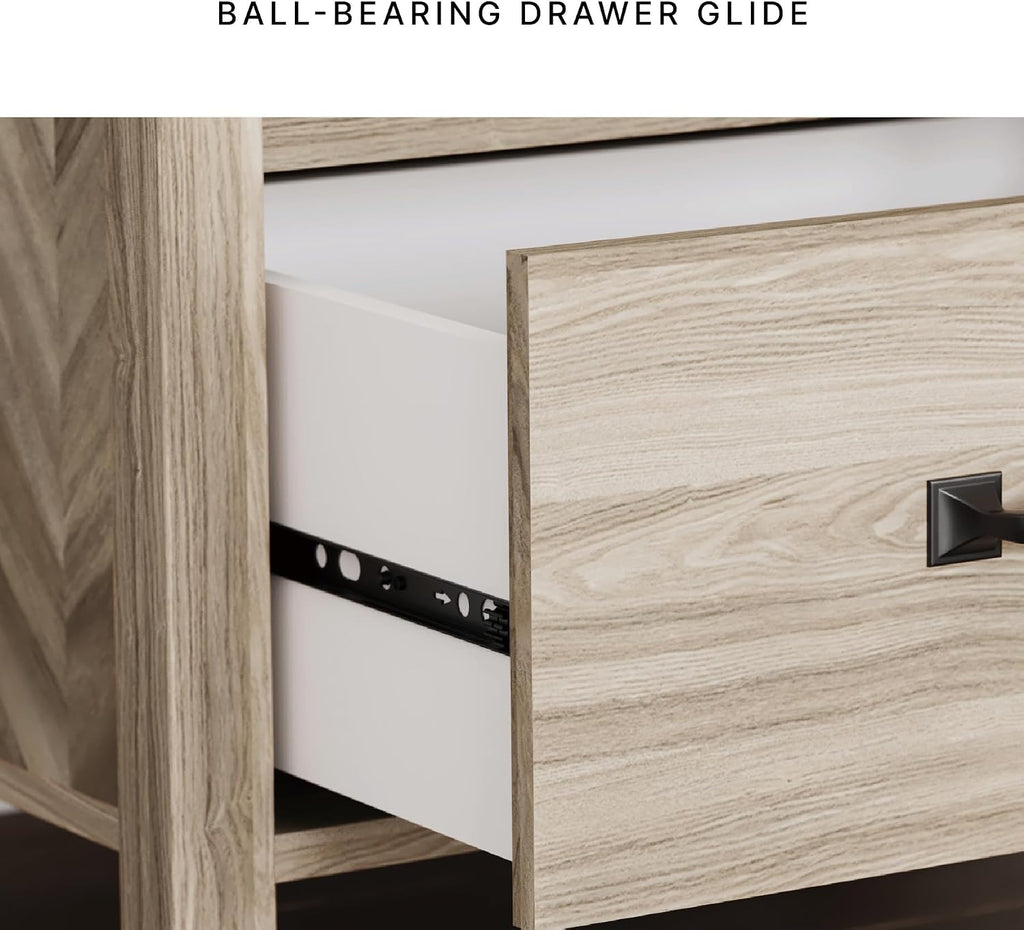 Signature Design by Ashley Battelle Nightstand, Mid Century Modern 2 Drawer Bedside Table, Engineered Wood Construction for Bedroom Storage, Light Oak Finish, 22 inches W