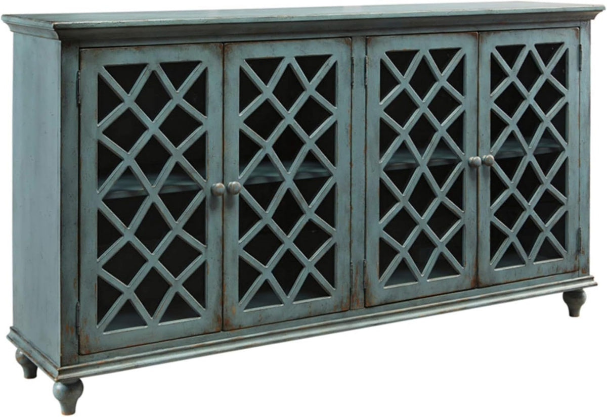 Signature Design by Ashley Mirimyn 4-Door Accent Cabinet, Antique Teal | Veneers, wood and engineered wood construction, Versatile TV stand or dining buffet, Adjustable shelves