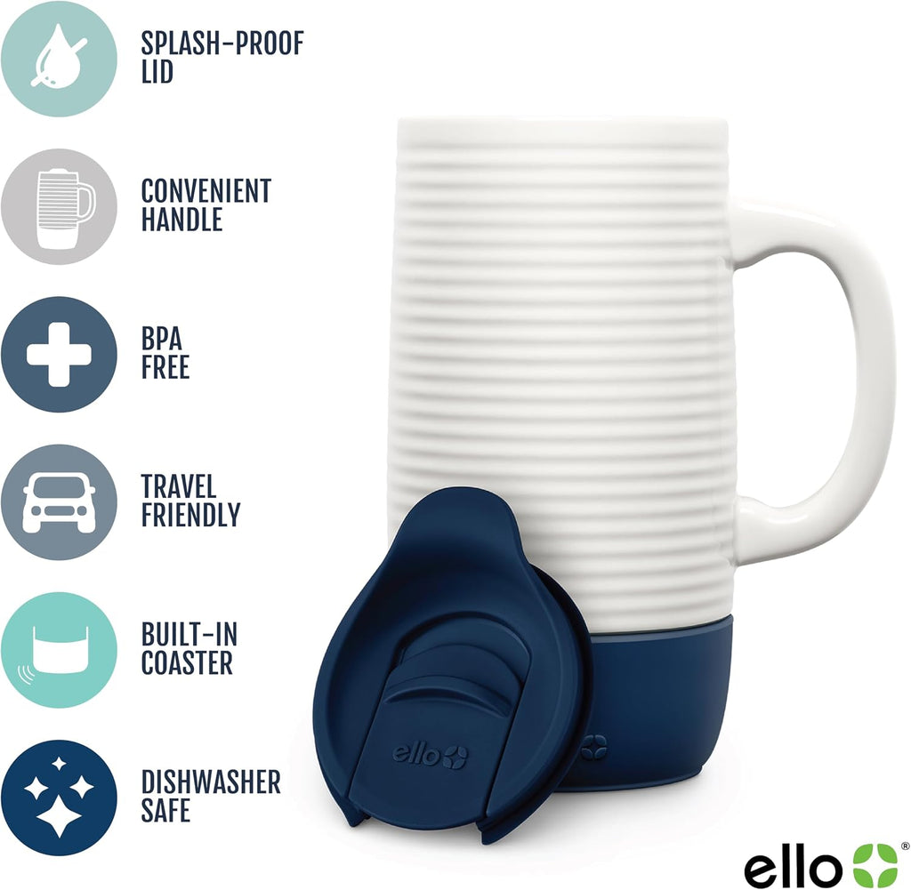 Ello Jane 18oz Ceramic Travel Mug with Handle, Splash-Resistant Slider Lid and Built-in Coaster, Perfect for Coffee and Tea, BPA Free, Dishwasher Safe, Holiday Gift Her Him, Midnight