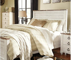 Signature Design by Ashley Coastal Queen Panel Headboard, Whitewash | Engineered wood rustic queen headboard, Farmhouse headboard queen option with built-in USB chargers, Willowton Series
