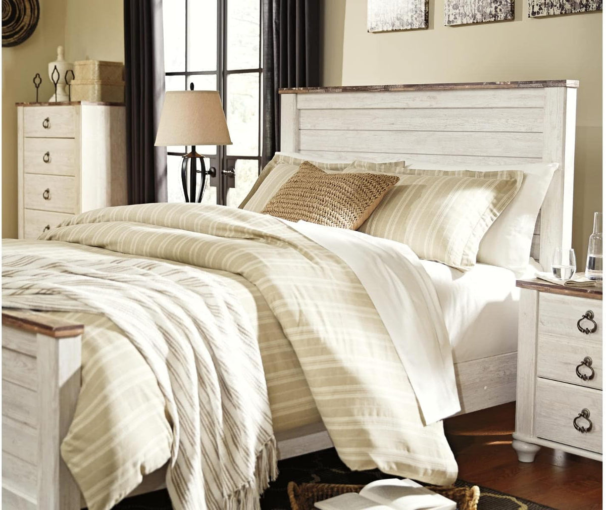 Signature Design by Ashley Coastal Queen Panel Headboard, Whitewash | Engineered wood rustic queen headboard, Farmhouse headboard queen option with built-in USB chargers, Willowton Series