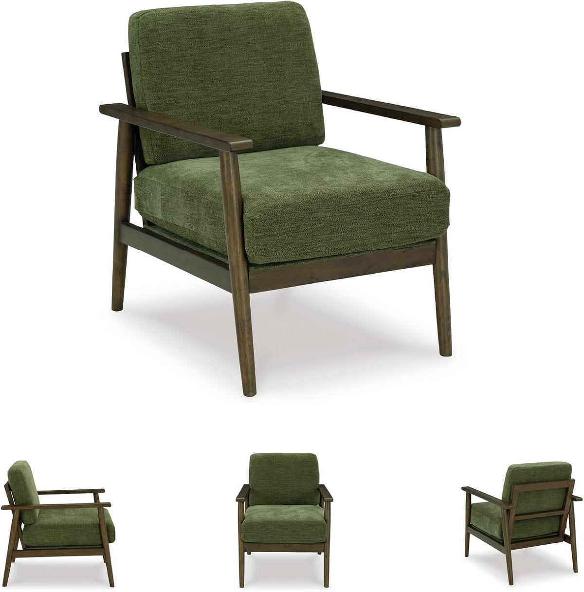 Signature Design by Ashley Bixler Showood Accent Chair, Olive Green | Plush chenille blend upholstery, Reversible cushion, Exposed engineered wood frame, Cozy reading nook, Wood accent chair