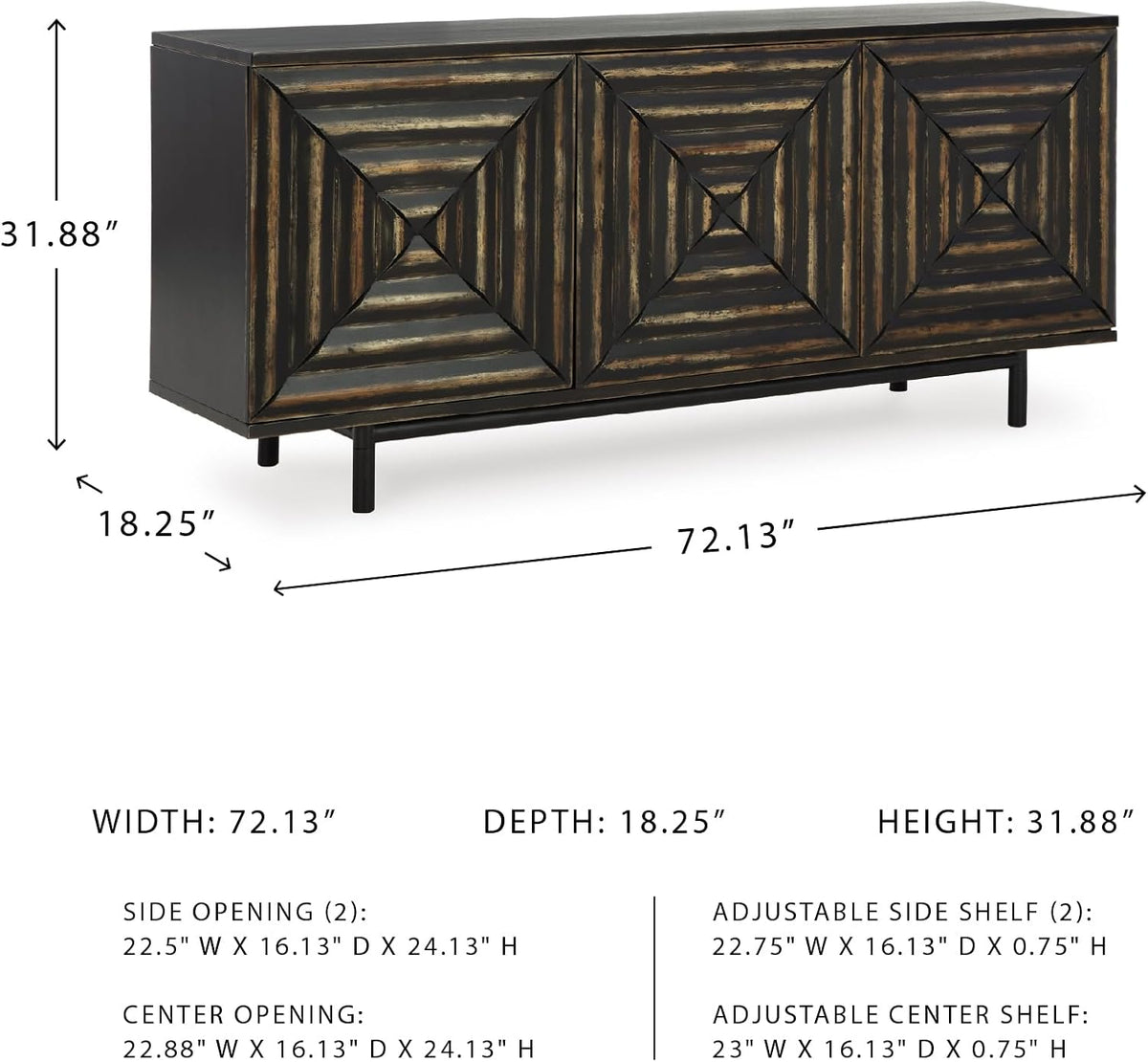Signature Design by Ashley 72" Black Accent Cabinet Sideboard Buffet | Geometric casual credenza with adjustable shelves, Distressed black wood, veneer and engineered wood, Fair Ridge Series