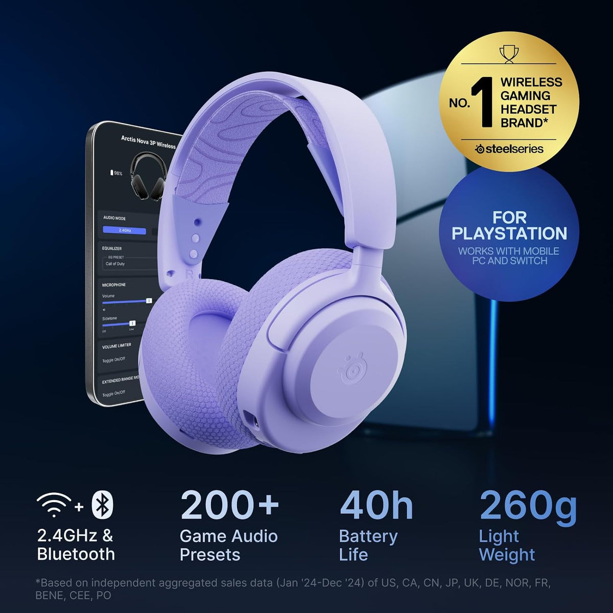 SteelSeries Arctis Nova 3P Wireless - PS5 Headset - Gaming Headset - Mobile App Control - 40 HR Battery with fast charging - Compatible with PlayStation, PC, Switch - 2.4GHz/Bluetooth - Lavender