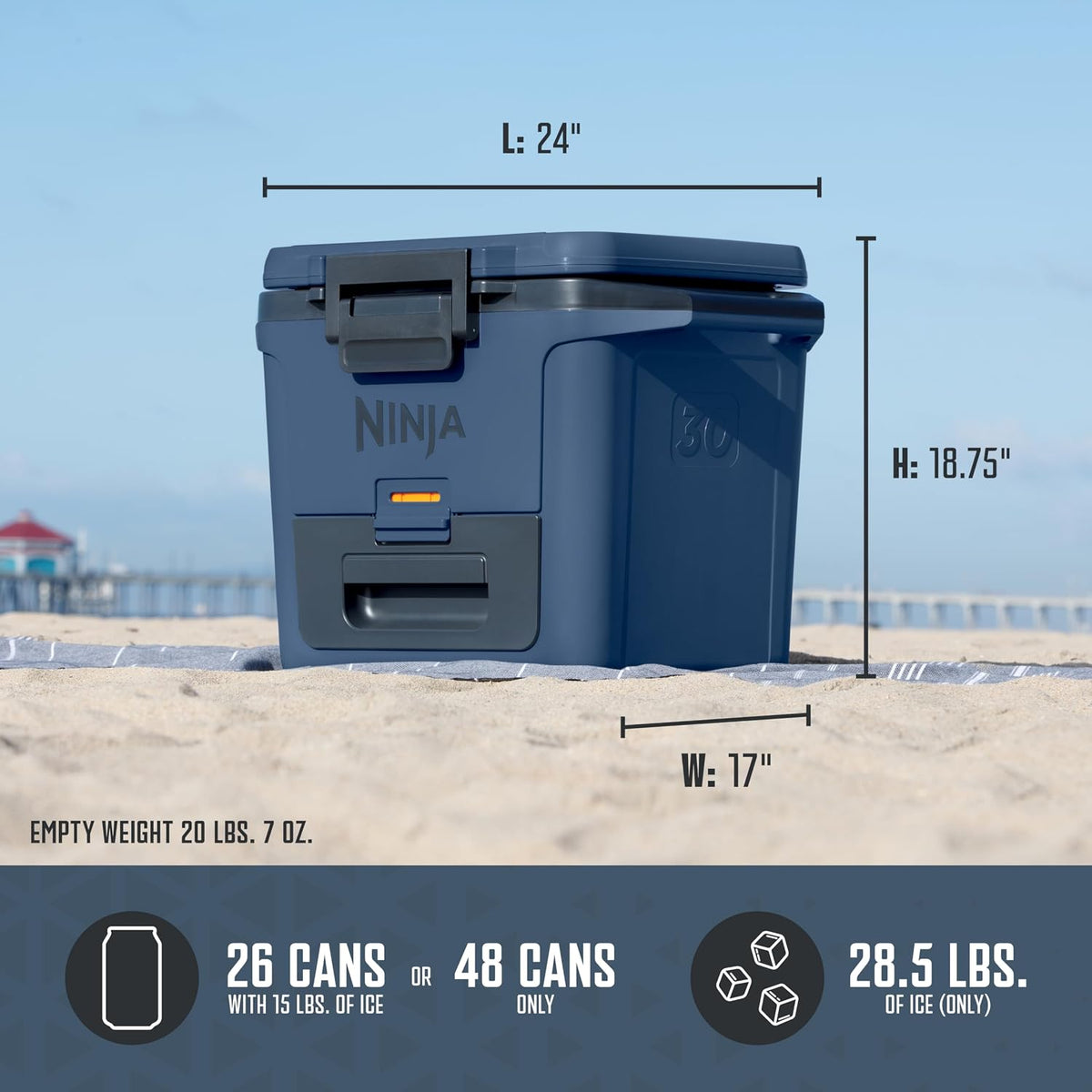 Ninja FrostVault 30qt Hard Cooler, Storage Drawer, Lakeshore Blue, FB131BL | Ninja FrostVault keeps food cool, dry & separate under 40°F for days, with 30-qt capacity holding up to 48 cans.