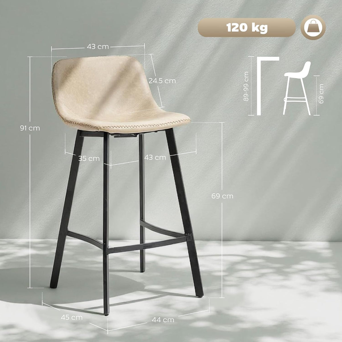 HOMCOM Bar Stools Set of 2 PU Leather Upholstery with Backrest Light Brown