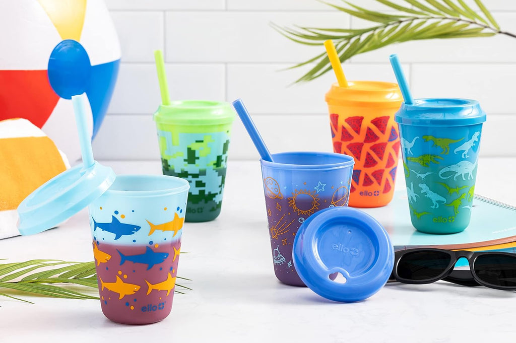 Ello 12oz Kids Plastic Reusable Color Changing Cups with Twist on Splash-Proof Lids and Straw, BPA Free, Dishwasher Safe