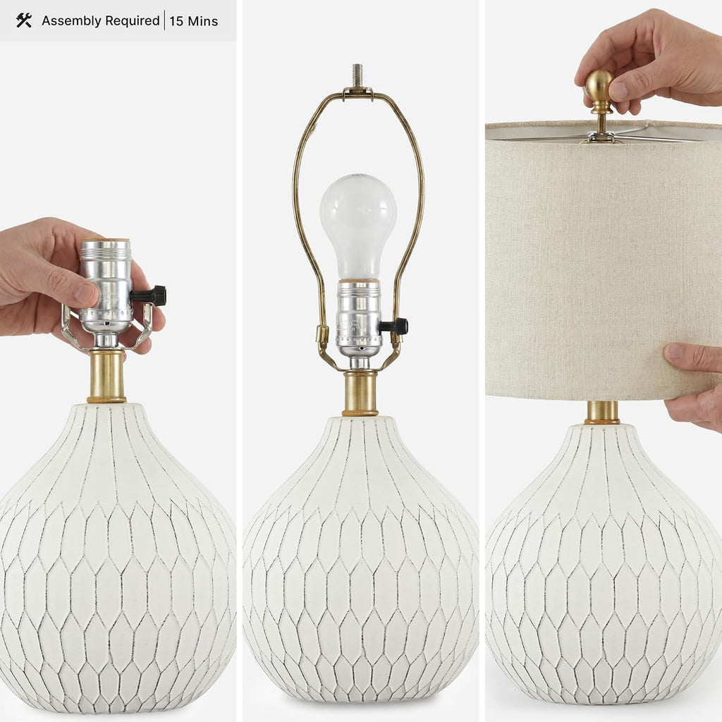 Signature Design by Ashley Ceramic Table Lamp, Bedside, Antique White | Textured wave ceramic base, Compact 18-inch height ideal for bedside nightstands and transitional styling, Wardmont Series
