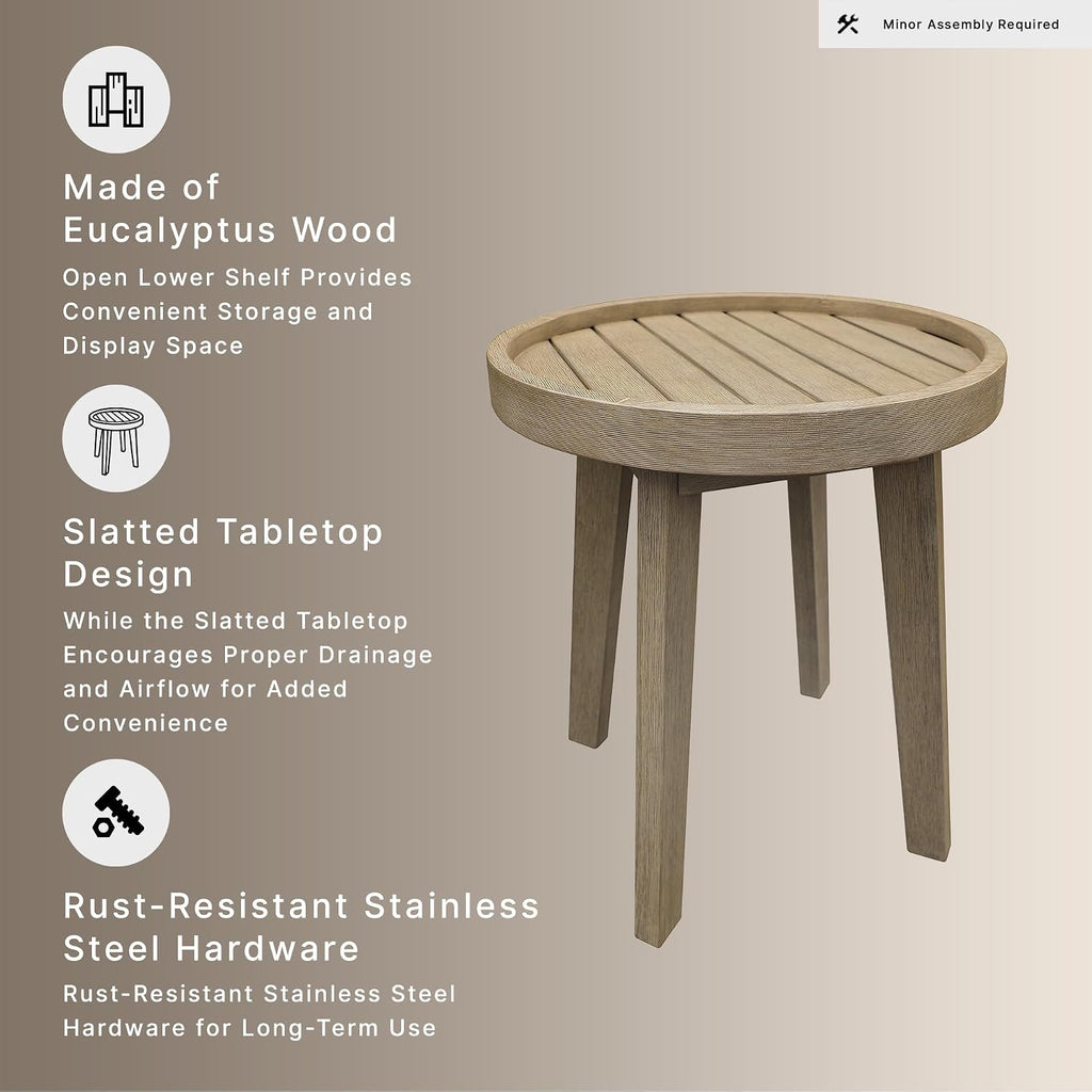 Signature Design by Ashley Coastal Reef Round Outdoor End Table, Beige | Weather-resistant eucalyptus wood, Slatted tabletop for quick water drainage, 19-inch round accent table