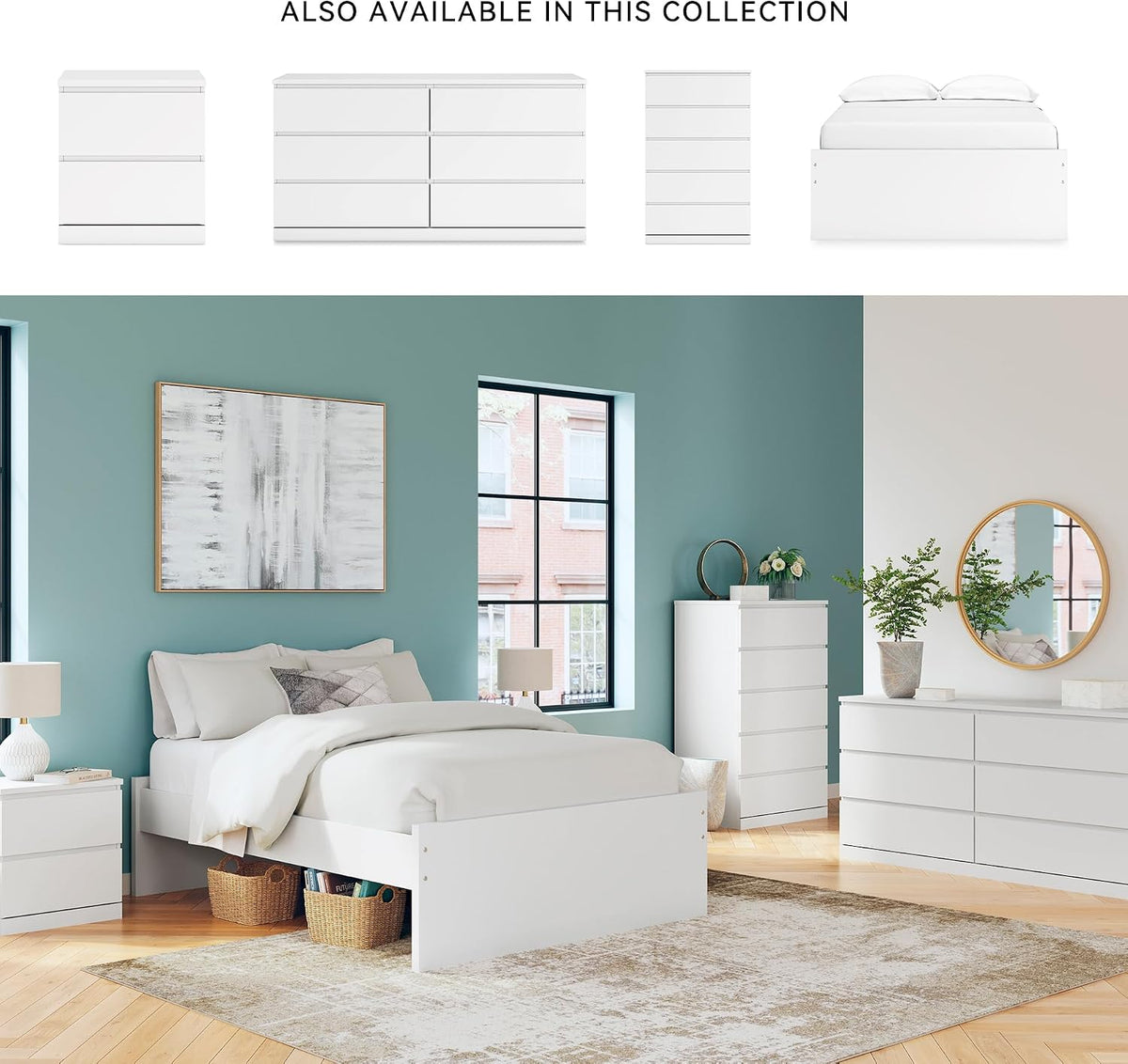 Signature Design by Ashley Onita 2-Drawer White Nightstand Bedside Table | Hardware-free modern small nightstand, Smooth-gliding ball-bearing drawers, Durable engineered wood