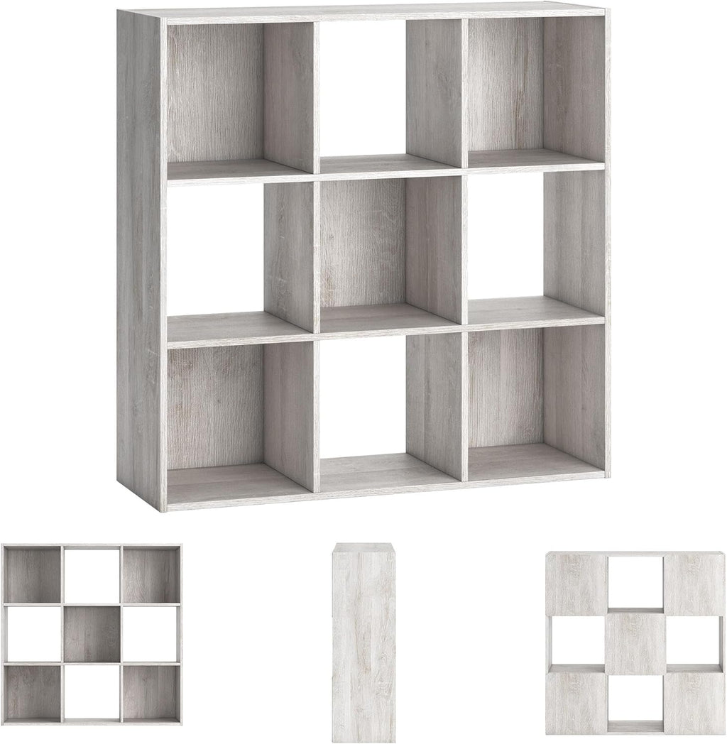 Signature Design by Ashley Paxberry 9 Cube Organizer Bookshelf, Whitewash | Engineered wood and laminate, Replicated worn-through paint, Fits 10.5 in storage bins, Alternating open and closed backs