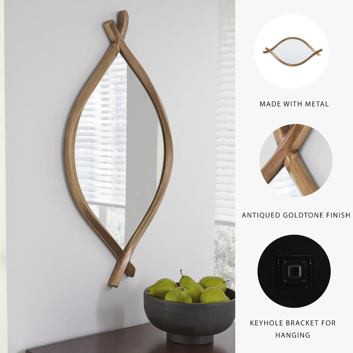 Signature Design by Ashley Bartner Accent Mirror, Gold Wavy Twisted Frame | Antiqued goldtone metal frame, Organic modern style, 4-way hanging versatility, 18x36 in size, Entryway and living room use