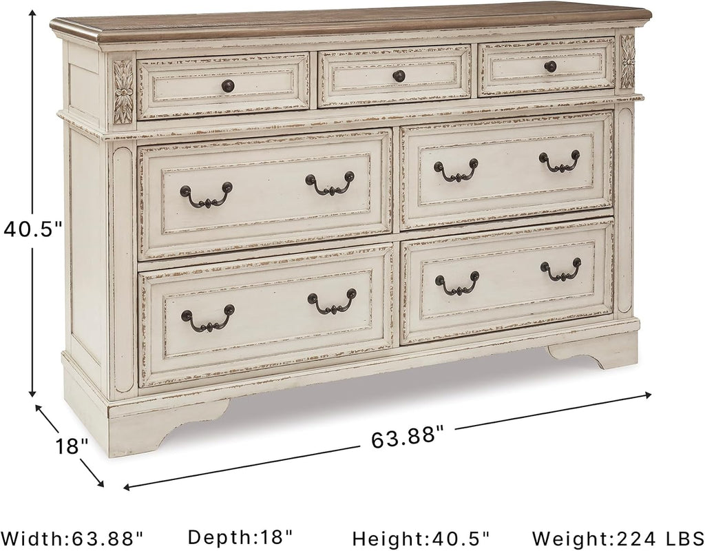 Signature Design by Ashley 7 Drawer Dresser for Bedroom, Two-Tone White | French country aesthetic with distressed wood top, Smooth-gliding dovetail joints and bronze-tone hardware, Realyn Series