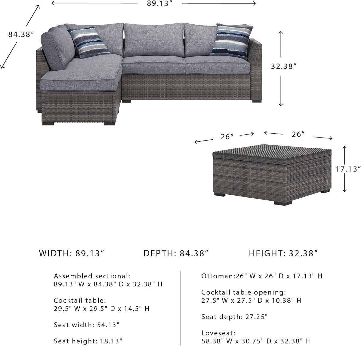 Signature Design by Ashley Petal Road 4-Piece Outdoor Patio Furniture Set, Modular Loveseat Sectional with Storage Table, Rust-Free Aluminum and Resin Wicker, Ideal for Backyard Seating, Gray