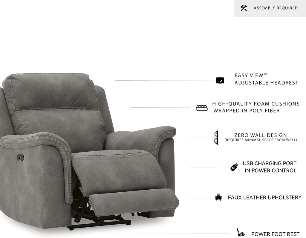 Signature Design by Ashley Power Recliner, Slate Zero Wall | Water-resistant faux leather, Zero-gravity power recline, Zero-draw USB port, Next-Gen Durapella Series