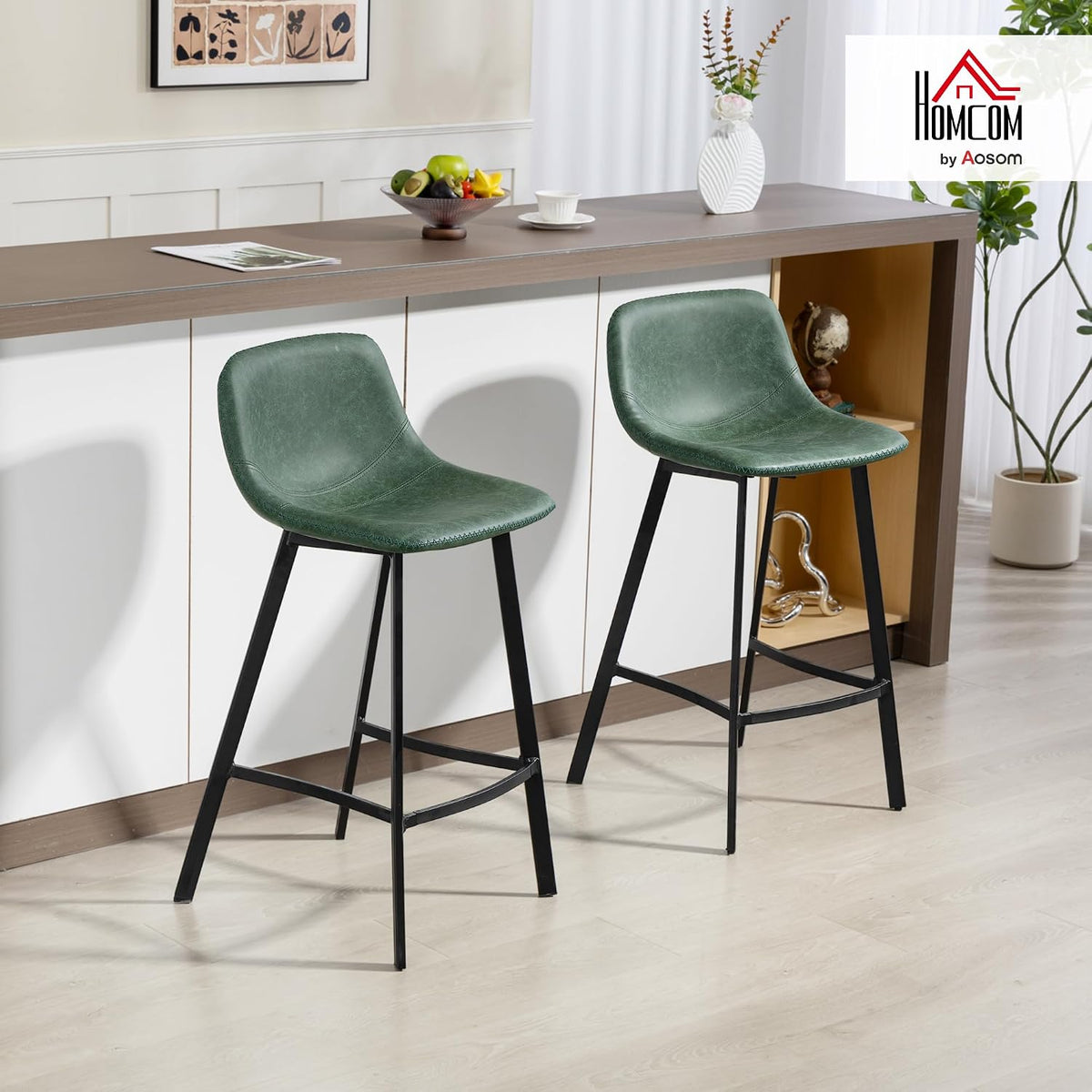 HOMCOM Bar Stools Set of 2 PU Leather Upholstery with Backrest Green