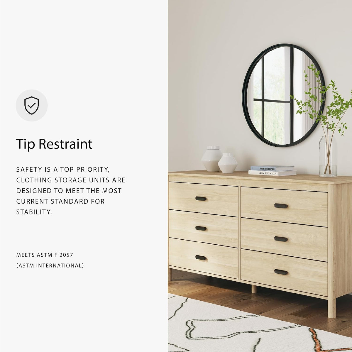 Signature Design by Ashley Cabinella 6 Drawer Bedroom Dresser, Natural Ash | 62-inch wide storage, Engineered wood (MDF/particleboard/plywood) and decorative laminate, Casual tan finish
