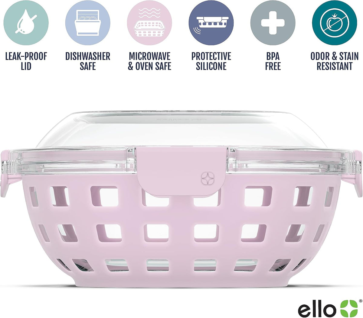 Ello DuraGlass Food Storage Glass Lunch Bowl Container - Meal Prep Container with Silicone Sleeve and Airtight Lid, 5 Cup, Cashmere Pink