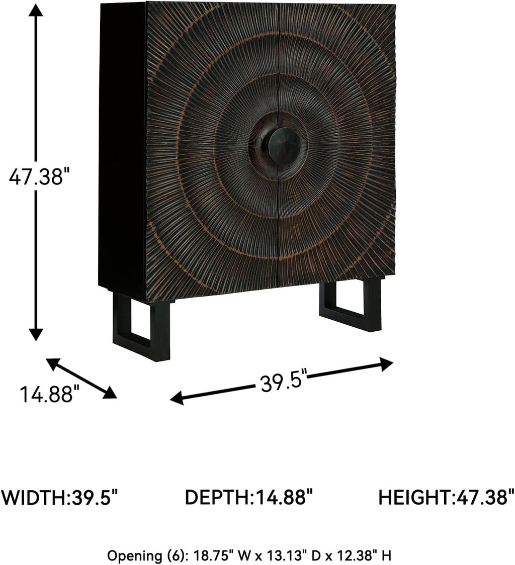 Signature Design by Ashley Fosterman Tall Sunburst Accent Cabinet, Black | Carved sunburst doors, Solid and engineered wood, 15-minute easy assembly, Storage credenza