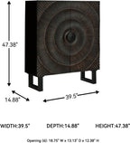 Signature Design by Ashley Fosterman Tall Sunburst Accent Cabinet, Black | Carved sunburst doors, Solid and engineered wood, 15-minute easy assembly, Storage credenza