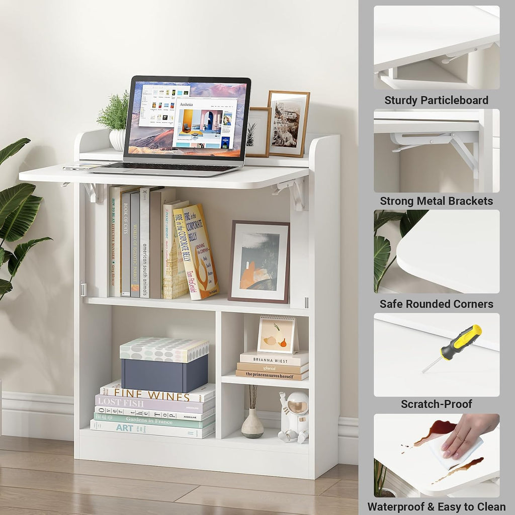 Wall Mounted Table Folding Desk,Drop Leaf Floating Table w/4 Storage Shelve