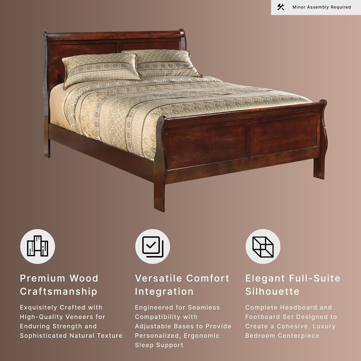 Signature Design by Ashley Alisdair King Wood Sleigh Bed, Dark Brown | King sleigh bed frame, Curved Louis Philippe style headboard, Box spring required, Veneers, wood and engineered wood