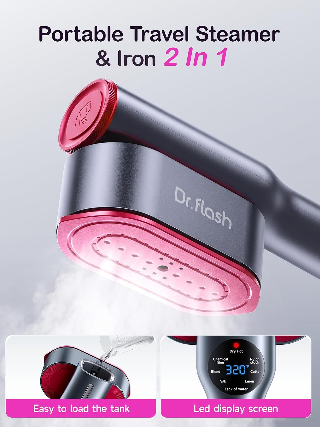 DRFLASH 2 in 1 Handheld Garment Steamer and Iron for Clothes Travel Size