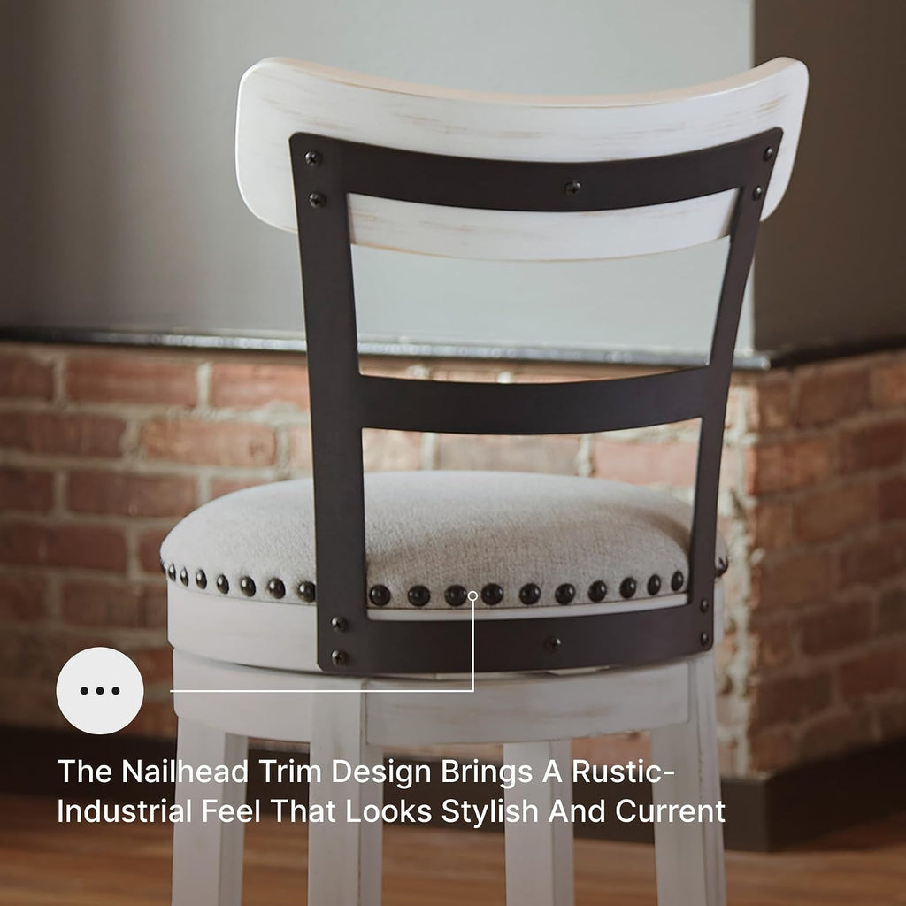 Signature Design by Ashley Valebeck Swivel Counter Height Bar Stool, White | Sturdy 24.5-inch seat with nailhead trim, Farmhouse rustic style featuring linen colored polyester, Smooth 360° rotation