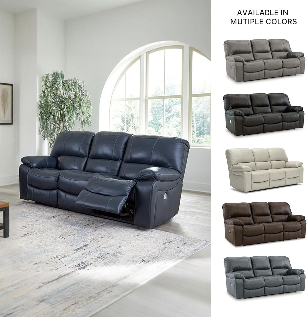 Signature Design by Ashley 3-Seat Zero Wall Power Reclining Sofa, Blue | Breathable top-grain leather, 4.5-inch wall hugger design, Integrated zero-draw USB port, Power headrest, Leesworth Series