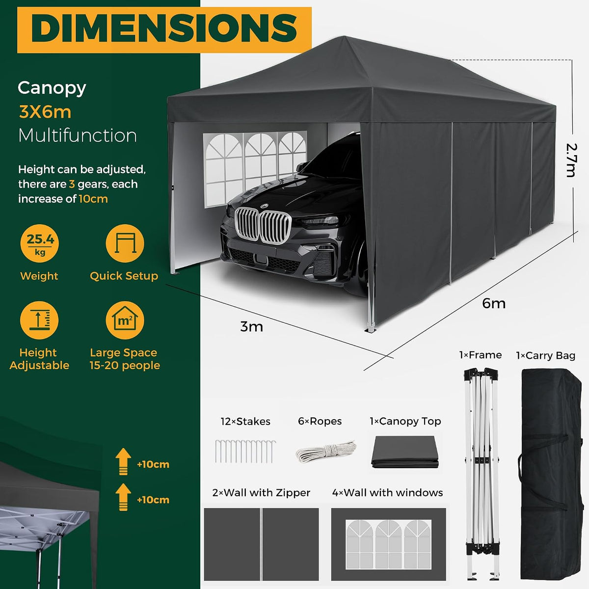 3x6m Pop Up Gazebo with 6 Sidewalls, Heavy Duty Marquee Party Tent, Waterproof & UPF 50+ UV Protection, Easy Setup Folding Canopy for Garden Events, Weddings, Markets & Carport