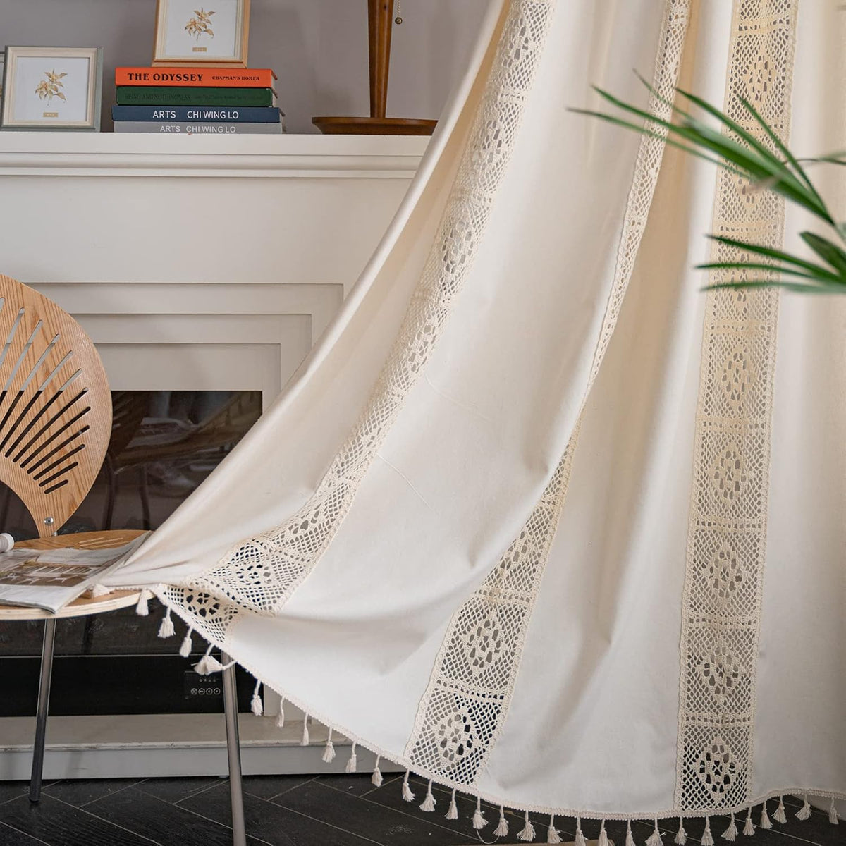 Sutuo Home Boho Curtain Crochet Lace Semi-Sheer Florals Hollow Knitted Handmade Tassels, Rod Pocket Window Treatment Vintage Rustic Farmhouse Drapes for Living Bedroom, 1 Panel 59" W x 84" L, Beige