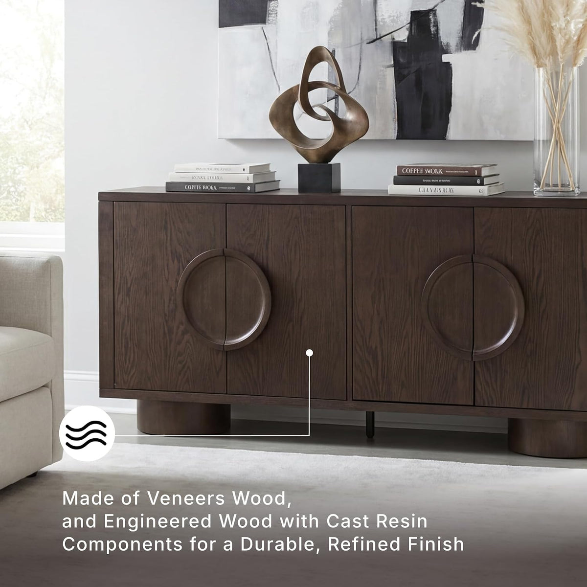 Signature Design by Ashley Accent Cabinet, 72" Dark Brown Credenza, Veeda | Premium oak veneer construction, 72-inch TV stand, Media console with cord management, Contemporary 4-door sideboard