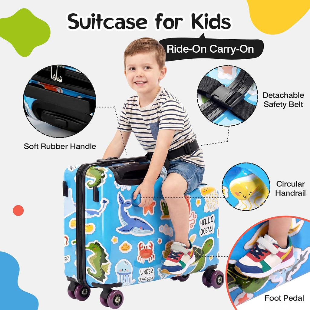 20" Ride On Luggage for Kids,Cute Pattern,Lightweight Hardshell Carry-On Luggage with Double Spinner Wheels,TSA Lock,Circular Handrail,Safety Belt,Foot Pedal,for Boys&Girls,Load Cap. 120 lbs (Blue)