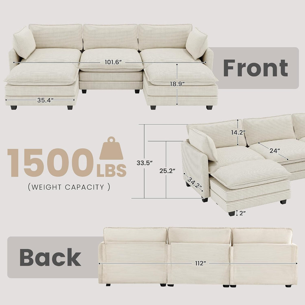 ROWHY 112'' Sectional Modular Cloud Couch, Oversized 5 Seat Couches U Shaped Sofa with 2 Movable Ottomans, 2 Throw Pillows, Upholstered Corduroy U Shape Comfy Deep Couches for Living Room, Beige