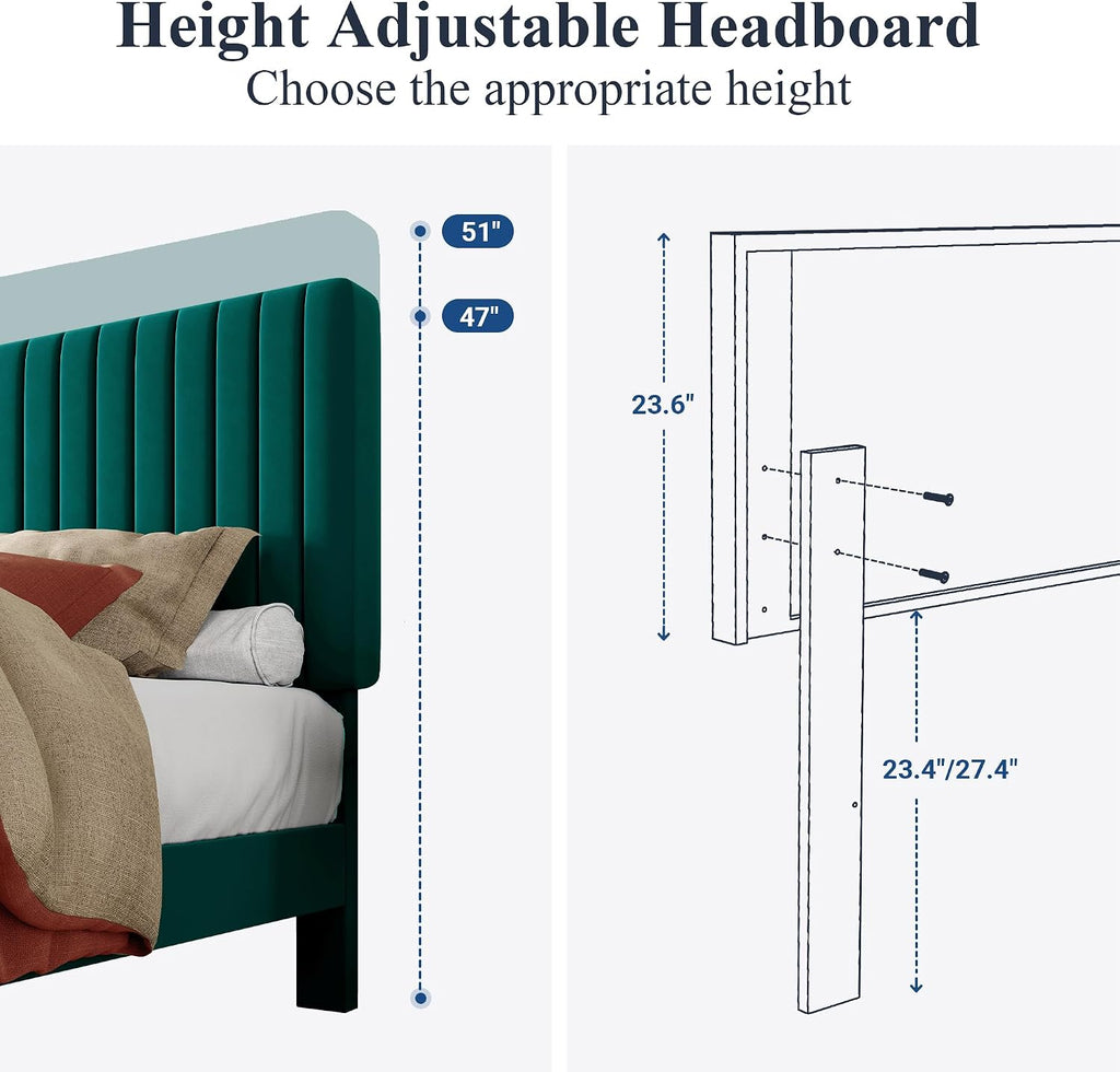 Allewie Queen Bed Frame, Velvet Upholstered Platform Bed with Adjustable Vertical Channel Tufted Headboard, Mattress Foundation with Strong Wooden Slats, Box Spring Optional, Easy Assembly, Teal