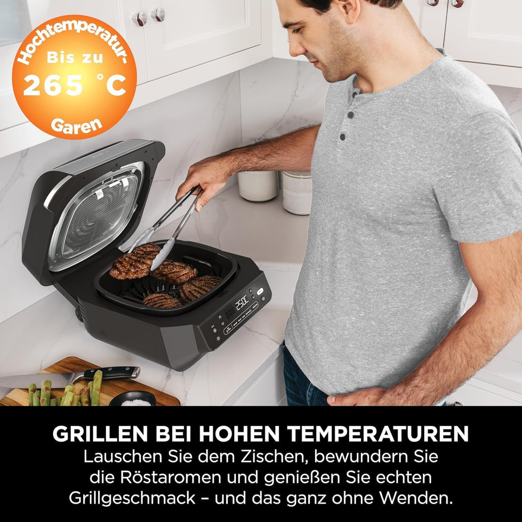 Ninja 5-in-1 Indoor Grill and Oil Free Deep Fryer, 5 Modes EG351EU | Cooks up to 4 burgers, 5.7L capacity, low smoke emission, digital meat thermometer included