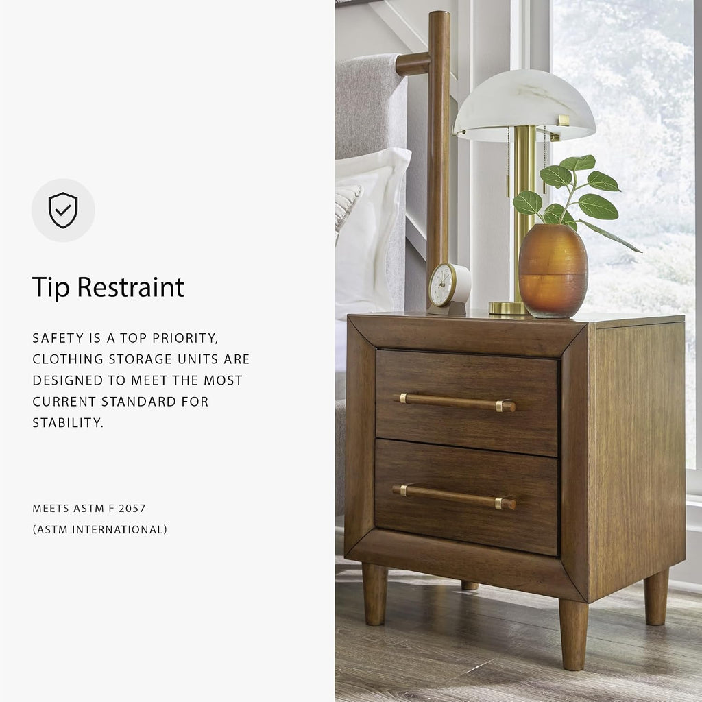 Signature Design by Ashley Lyncott Wood Nightstand with Charging Station | Mid-century mango wood veneer, 2 dovetail drawers, Built-in USB-A and USB-C charging, Round tapered legs