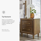 Signature Design by Ashley Lyncott Wood Nightstand with Charging Station | Mid-century mango wood veneer, 2 dovetail drawers, Built-in USB-A and USB-C charging, Round tapered legs