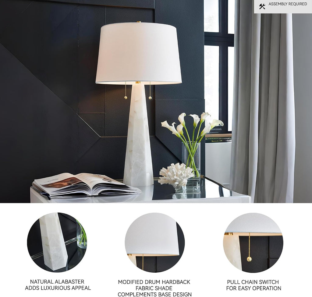 Signature Design by Ashley Laurellen Alabaster Table Lamp, Dual Pull Chain | White stone resin blend, 60W max per socket, Marble table lamp alternative, Luxe modern bedroom decor, 90-inch power cord