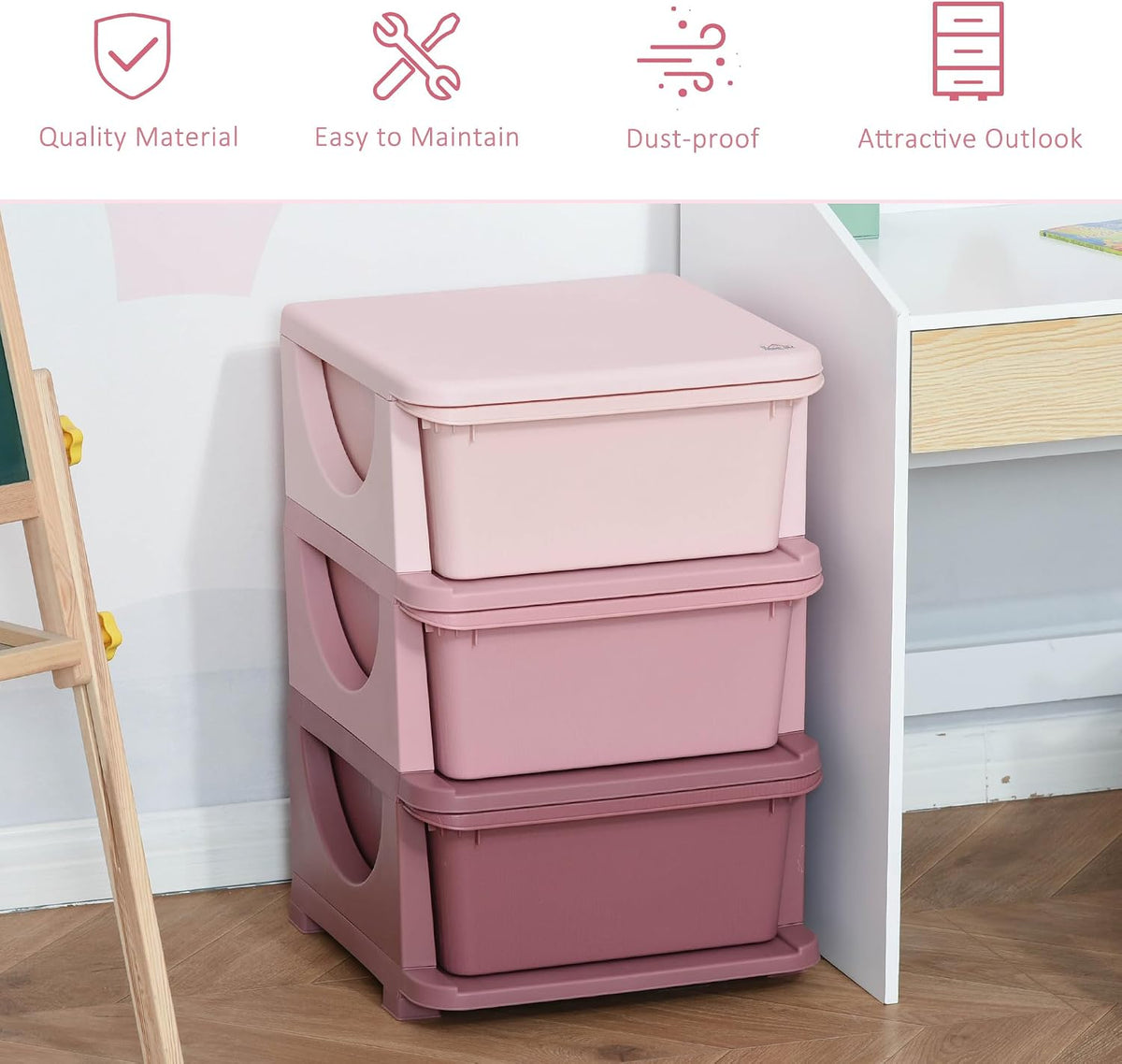 HOMCOM 3 Drawers Plastic Kids Storage Units 3 Tier Children Toy Chest Pink