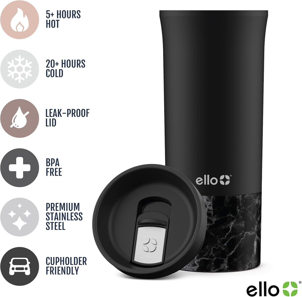 Ello Miri 16oz Insulated Stainless Steel Travel Mug with Slider Lid, Black