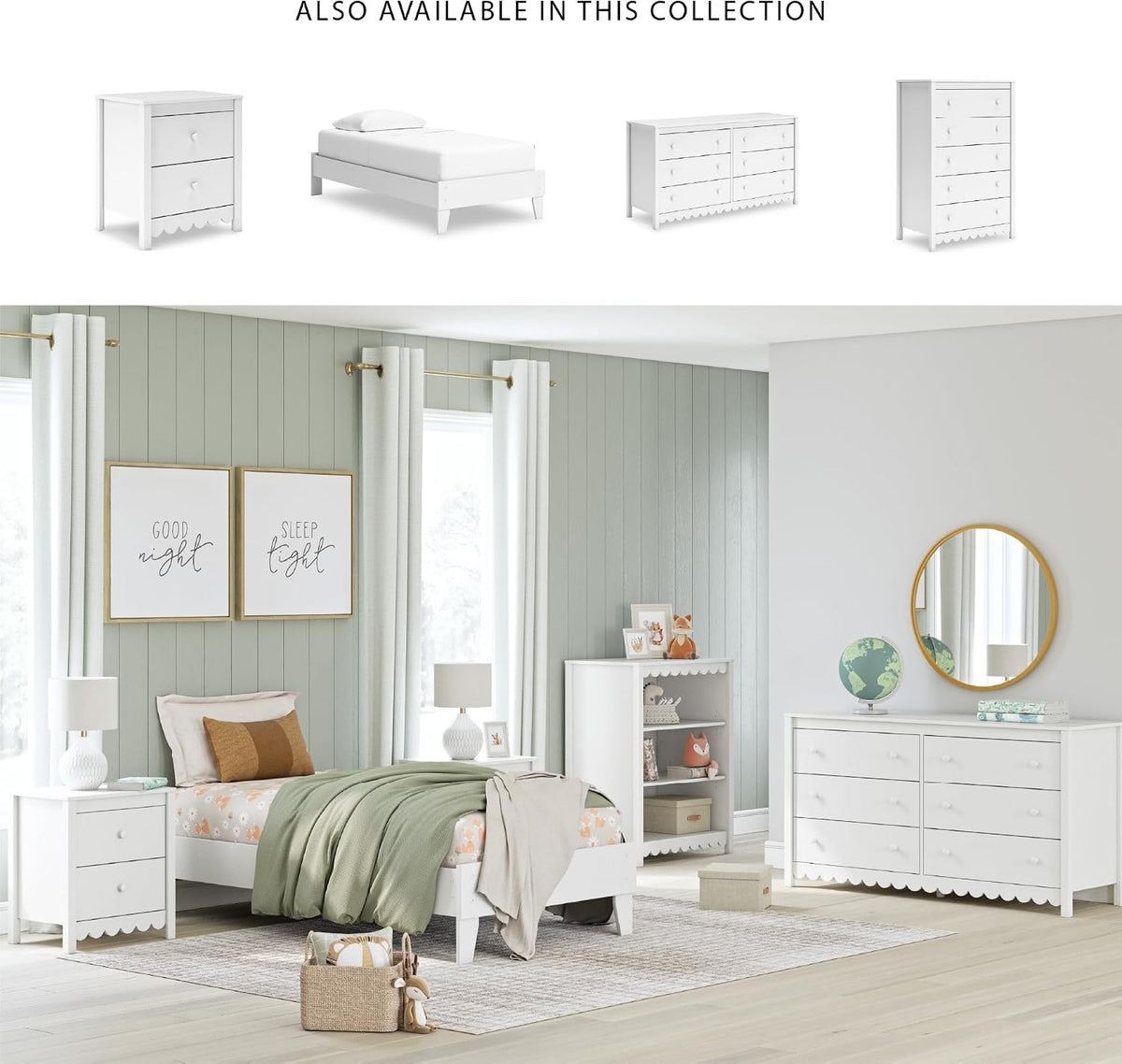 Signature Design by Ashley 3-Tier Scalloped Bookshelf, Matte White Bookcase | Deep 20-inch profile for oversized bins, Durable engineered wood frame with 2 adjustable shelves, Hallityn Series